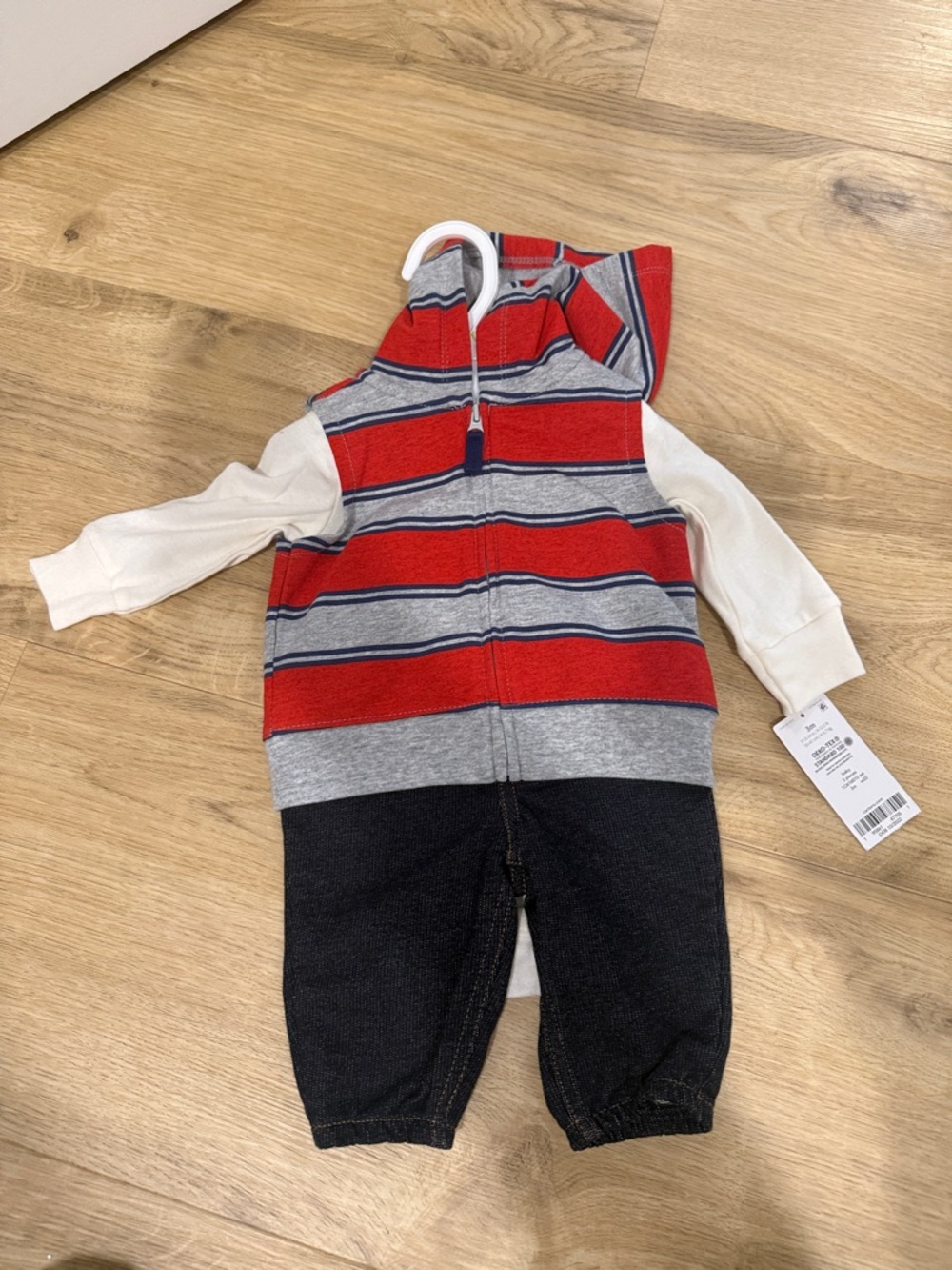 Carter's Red & Gray Striped Hooded Romper with White Sleeves